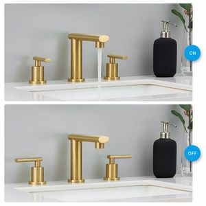 Rubinetto per lavabo bagno da 8 pollici, finitura oro spazzolato, a 3 fori, a basso profilo, con scarico a scomparsa in metallo, per lavabo. - Product Image 2