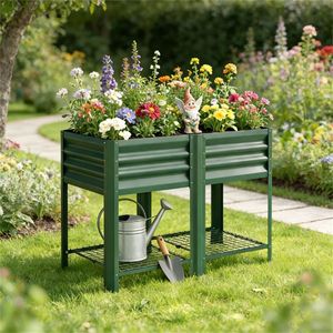 Fioriera Rialzata e Scaffale Portapiante Verde con Vaso e Contenitore per Attrezzi - Product Image 1