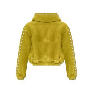 Sudadera con capucha y cremallera para mujer, personalizada, lavada, marrón, con pedrería, de algodón polar de 350GSM, estilo crop, con brillo de cristal, para streetwear. - Product Image 3