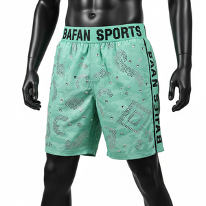 Short de bain homme 140 GSM, polyester et élasthanne à séchage rapide, menthe, avec logo personnalisé en transfert thermique et strass. - Product Image 1