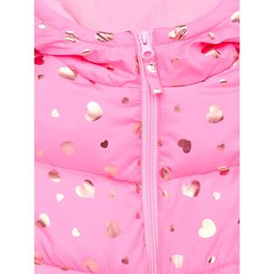 Veste matelassée rose à capuche avec imprimé cœur doré, fermeture éclair, coupe-vent, manteau d'hiver décontracté, coupe régulière, unisexe - Product Image 3