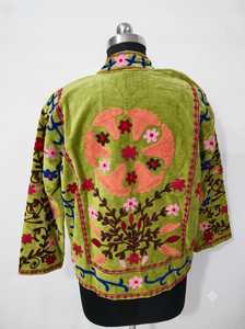Veste douce en velours vert brodé, écologique, à motif floral, col mandarin, style bohème, pour l'hiver et les festivals - Product Image 3