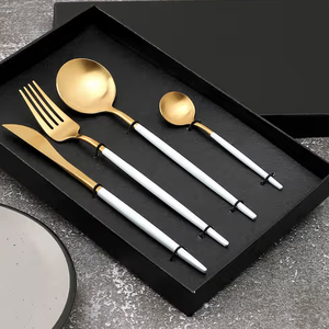 Ensemble de couverts en acier inoxydable blanc doré, finition mate, vente en gros, comprenant cuillère, fourchette et couteau - Product Image 4