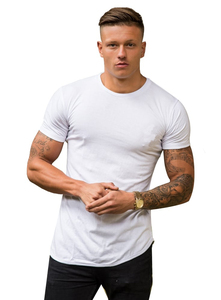 T-shirt ajusté en coton 100% à ourlet incurvé, col ras du cou, coupe slim, idéal pour la gym, le fitness, les tenues décontractées et les vêtements de sport – Vente directe usine - Product Image 5
