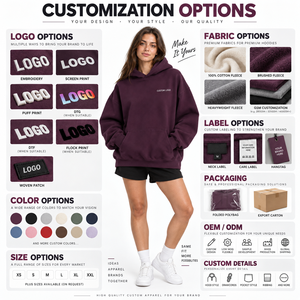 เสื้อฮู้ดดี้โอเวอร์ไซส์สำหรับผู้หญิง สีม่วงเข้ม ผ้าฝ้ายฟลีซ แขนยาว มีโลโก้ด้านหน้า มีกระเป๋า เหมาะสำหรับใส่ในฤดูใบไม้ร่วง - Product Image 5