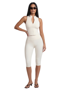 Conjunto de 2 piezas de verano para mujer: Leggings capri de cintura alta con efecto moldeador y top corto con cremallera completa - Product Image 2