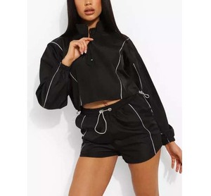 Women's Black Hooded Windbreaker Tracksuit Set Custom <b>Crop</b> <b>Top</b> and Shorts Sporty Streetwear Summer Co Ord Outfit - Product Image 3