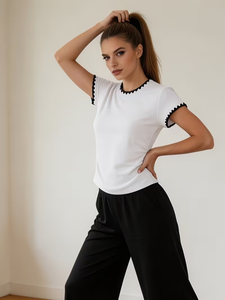 T-shirt da <span class=keywords><strong>donna</strong></span> a maniche corte girocollo con finiture in <span class=keywords><strong>pizzo</strong></span>, tinta unita, vestibilità slim, top casual primavera estate in cotone lavorato a maglia con stampa serigrafica - Product Image 5