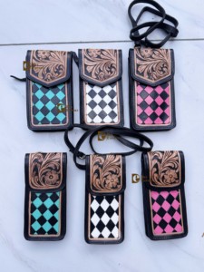 New Arrival Phone Purse Handbag Hand <b>Tooled</b> Carving <b>Leather</b> Bag Big Size Bag Checkers Pattern <b>Pouch</b> Unique Designer Sling Bag - Product Image 5