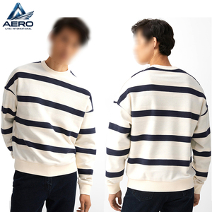 Sweat-shirt rayé pour homme en gros, col rond, épaules tombantes, rayures horizontales blanc cassé et bleu marine, personnalisable, pour tenue décontractée - Product Image 3