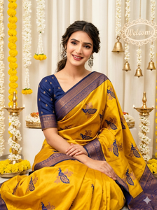 Sari en soie jaune à imprimé paon avec bordure bleue, tenue de mariage traditionnelle indienne pour femme, longueur au sol, sans plis, protection solaire - Product Image 2