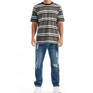 Camiseta de Moda para Hombre, Corte Holgado, Cuello Redondo, Rayas, Informal, Verano, Manga Corta, Algodón, Estilo Urbano, Ligera y Cómoda - Product Image 5