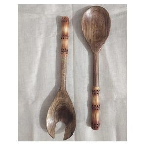 Servidor de Ensalada de Madera de Acacia de Último Diseño con Mango de Mimbre, Juego de Cucharas de Madera para Ensalada, Utensilios de Cocina, Cubertería, Cuchara para Servir, Vajilla - Product Image 2