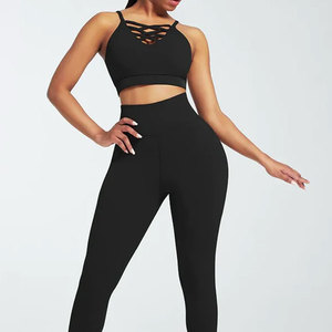 Black Crisscross Strap Yoga Set Scoop Neck Crop <b>Top</b> High Waist Full Length Leggings 2 Piece Spandex Polyester Activewear - Product Image 2