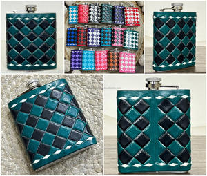 Customized Handcrafted Genuine Leather Wrapped With Checkered Design Stainless Steel 7oz Hip Pocket Liquor Flask for Travel <b>Gift</b> - Product Image 3
