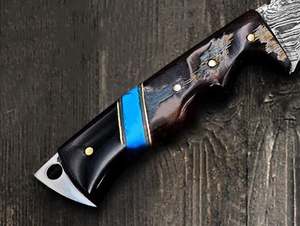 Damascus Steel Drop Point Hunting Knife With Wood Handle Blue Inlay Non Adjustable Blade Outdoor Survival <b>Tool</b> - Product Image 5