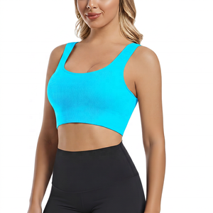 Light Blue Ribbed Sports Bra High <b>Support</b> Yoga Fitness <b>Top</b> for Women - Product Image 2