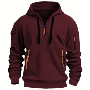 Sudadera con Capucha y Media Cremallera para Hombre, Color Sólido, Diseño con Bolsillos, Estilo Casual, Corte Regular, Estilo Otoñal, 100% Poliéster - Product Image 5