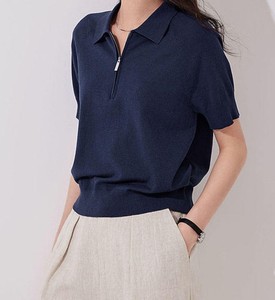 <span class=keywords><strong>Polo</strong></span> en tricot <span class=keywords><strong>bleu</strong></span> <span class=keywords><strong>marine</strong></span> uni avec fermeture éclair, manches courtes, haut décontracté pour <span class=keywords><strong>femme</strong></span>, respirant, coupe classique - Product Image 5