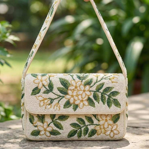 Handmade Seed Beaded Shoulder Bag Wholesale <b>Green</b> & White Floral Hand Embroidered Beaded Flap Bag Designer Chic Handbag <b>Purse</b> - Product Image 2