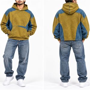 Sudadera con Capucha Unisex de Corte Regular, Diseño de Parches en Mezclilla, Bloques de Color, Manga Raglán, Bolsillo, Estilo Urbano, Felpa Francesa, 100% Algodón, Secado Rápido - Product Image 1