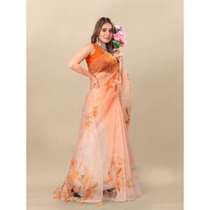 Sari de Organza con Estampado Digital de Diseño, con Blusa Sin Coser, Color Naranja - Product Image 1