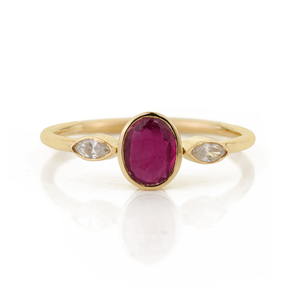 Latest Design Bezel <b>Set</b> Ruby & Diamond Handmade Three Stone <b>Ring</b> For Women's Bulk Precious Gemstone 18K Yellow <b>Gold</b> Jewelry - Product Image 1