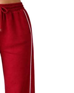 Pantalones de chándal de forro polar rojos para mujer, de pierna ancha, con ribete lateral, cintura elástica con cordón, ajuste holgado informal, estilo jogger, ropa de descanso suave - Product Image 6