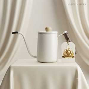 Matte <b>White</b> Gooseneck <b>Kettle</b> With Wood Style Handle Precision Pour Over Coffee Pot For Kitchen And Barista Brewing - Product Image 1