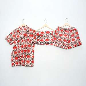 Conjunto de Pijama Corto de Algodón Indio para Mujer, Estampado Floral, con Logotipo Frontal, Ligero, para Primavera, Verano y Otoño - Product Image 1