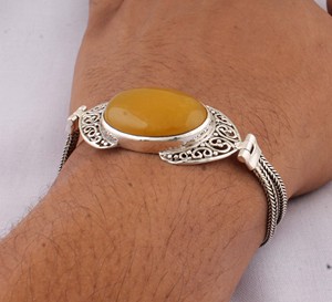 925 Sterling Silver <b>Jade</b> Gemstone <b>Bangles</b> Handcrafted Oval Cabochon Statement Chain Bracelet Wholesale - Product Image 1