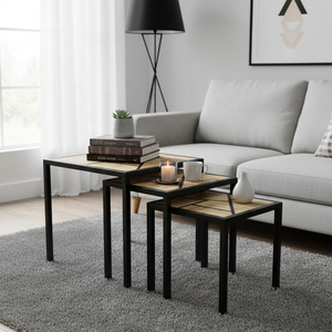 Ensemble de tables gigognes en bois de manguier géométriques modernes, 3 pièces, cadre en métal industriel, tables d'appoint, gain de place, meubles rustiques pour salon - Product Image 2