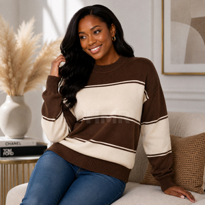 HMR Sisterhood Sorority Acrylic Brown Cream Striped Knitted Sweater Crew Neck Long Sleeve Casual Top Winter Wear - Product Image 3