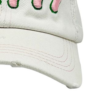 White Distress Denim Baseball <b>Cap</b> with Pink Embroidered Letter Design Adjustable Casual Vintage Unisex Outdoor Fashion <b>Hat</b> Wear - Product Image 2