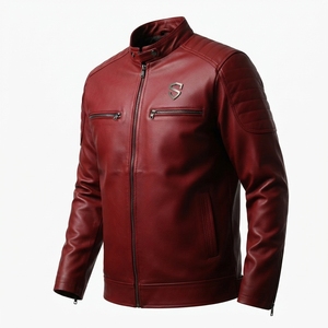 Chaqueta de Motociclista de Cuero Genuino Marrón para Hombre, Cuello Alto, Cierre de Cremallera, Corte Ajustado, Otoño, Manga Larga, Color Sólido - Product Image 6