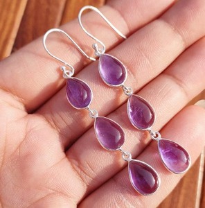 Pendientes de Gema Bohemios Hechos a Mano, Chapados en Plata con Amatista, Joyería para Mujer Disponible a Precio de Fábrica - Product Image 5