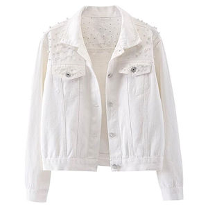 Veste en jean blanche brodée de perles pour femme, veste décontractée, veste en jean courte et élégante pour femme - Product Image 1