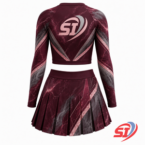 Tenue de cheerleading All Star personnalisée à manches longues pour femme, ensemble de compétition avec jupe plissée bordeaux marbré Apex, vente en gros - Product Image 2