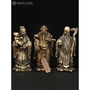 13.5 pouces Sanxing-Fu Lu Shou Ensemble de 3 statues en laiton Trois divinités chinoises pour la bonne fortune Prospeity Longevity Sculptures - Product Image 1