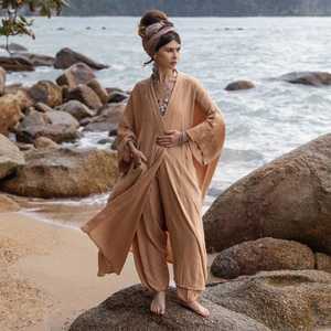 Women's <b>Sequin</b> Embroidered Viscose/Cotton Kimono Robe with Deep V Neck High Cut Bottom Bandeau Bra Ruffles Eco-Friendly Fabric - Product Image 1