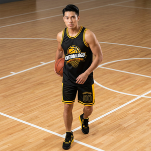 Maillot de basket-ball personnalisé sublimé noir et jaune en mesh, débardeur unisexe adulte respirant en polyester avec impression de logo sur le devant - Product Image 4