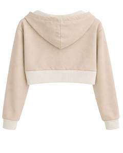 Sudadera con capucha corta para mujer, personalizada por el fabricante, con cremallera, color beige y bloques de color en felpa de algodón, estilo casual y urbano. - Product Image 2