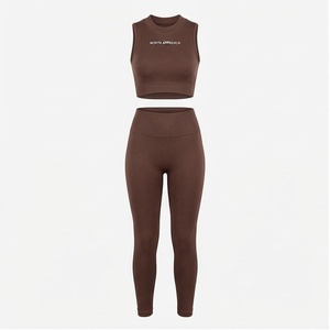 Conjunto de Yoga de 2 Piezas North Approach, Top Corto sin Mangas con Cintura Alta y Leggings Largos, Color Marrón Sólido, Ropa Deportiva - Product Image 1
