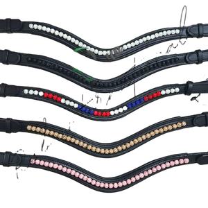 Diadema curva de cuero premium con cuentas de cristal Shamballa, accesorios brillantes para brida de caballo para deportes ecuestres - Product Image 1