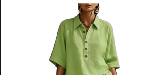 Ensemble 2 pièces en coton pour femme, vert, col rabattu, boutons sur le devant, coupe décontractée, tenue printemps-été - Product Image 3