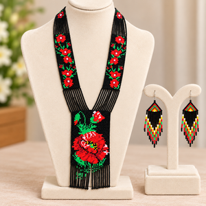 Ensemble collier et boucles d'oreilles en perles d'imitation, style ethnique floral fait main, rouge et noir, vintage, tendance, bijoux de fête pour femmes - Product Image 2