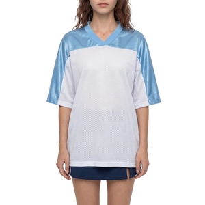 Maillot de football pour femmes blanc et bleu en maille avec col en satin, vêtements de sport athlétiques, vente en gros - Product Image 1