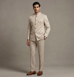 Traje de Safari Beige para Hombre, Corte Slim Fit, Tela TR, Pliegues Delanteros, Estilo Americano, Hecho en India, Calidad Premium, Gran Venta - Product Image 1