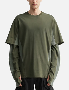 เสื้อยืดแขนสั้นผู้ชายทรงโอเวอร์ไซส์ สีเขียว ผ้าถัก ระบายอากาศดี คอกลม สวมใส่สบาย สีพื้น สไตล์สตรีท แขนสองชั้น - Product Image 5