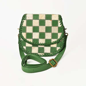 Green Checkered Crochet Design Hair On Leather Shoulder Bag Women Bohemian Crossbody Sling <b>Purse</b> - Product Image 4